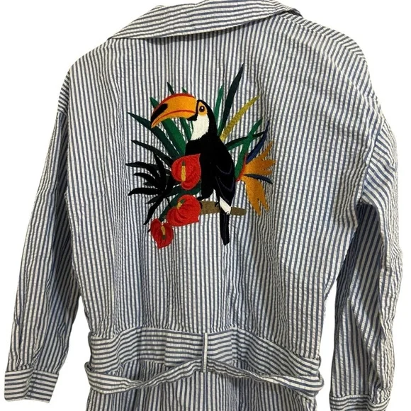 Zara romper Toucan Embroidered Seersucker striped small tropical beach summer - Picture 7 of 13